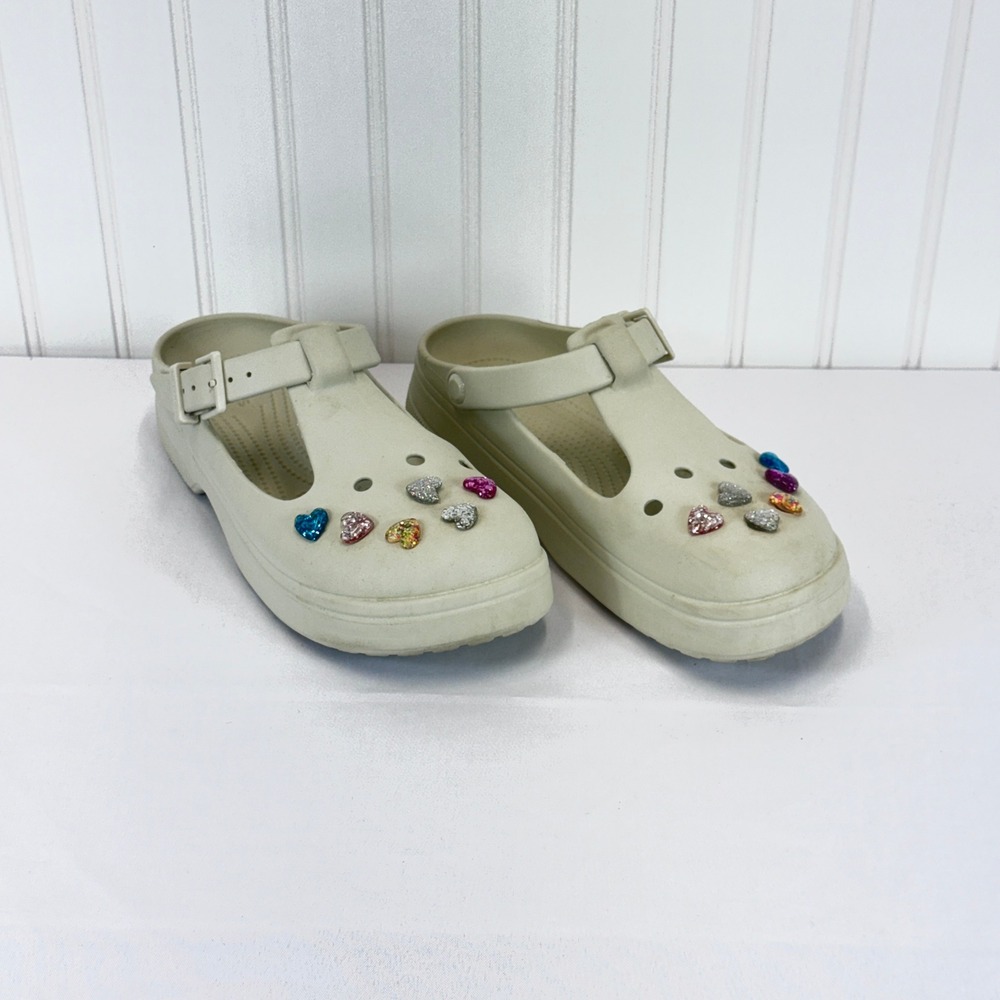 Crocs Bae Mary Jane Platform Clogs Women 11 Bone White Heart Jibbitz Y2K Chunky
